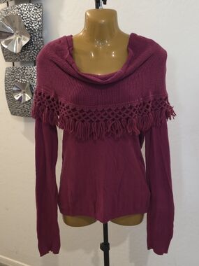 Angel of the North Burgundy Knit Sweater with Fringe Detail Off The Shoulder M